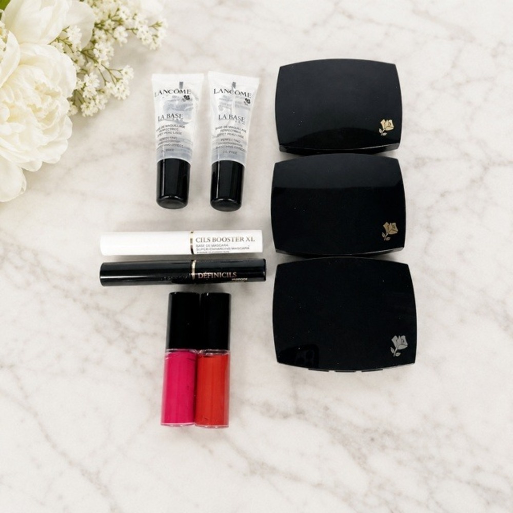 Lancome 9 Pc Makeup Sample Lot Mascara Primer Blush Lip Color Compacts